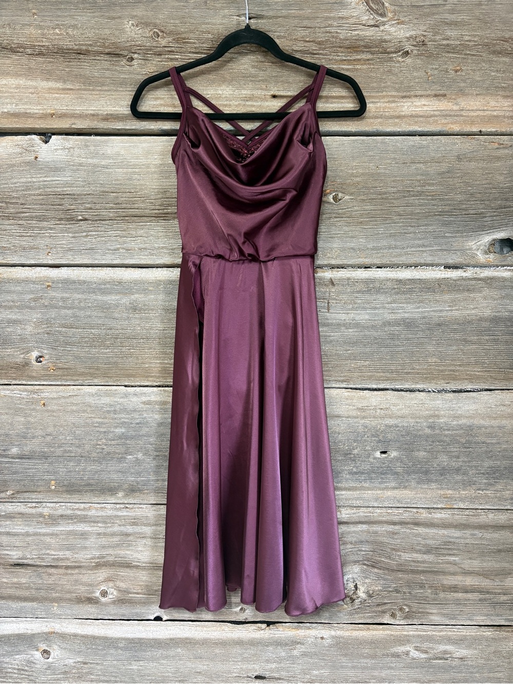 Weissman Plum Satin Cowl Midi Dance Dress